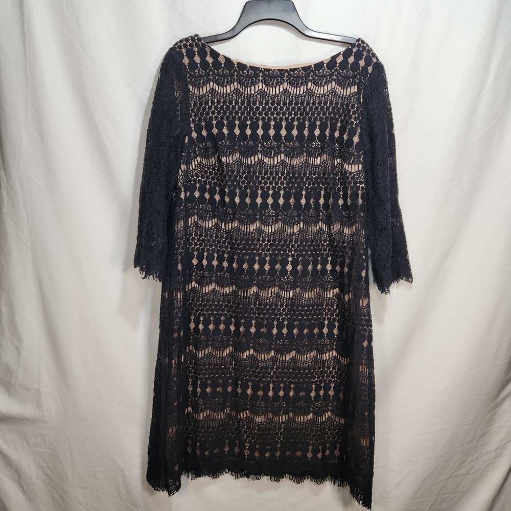 Jessica Howard Womens Illusion-Sleeve Crochet Lace Shift Black Dress‎ Size 16